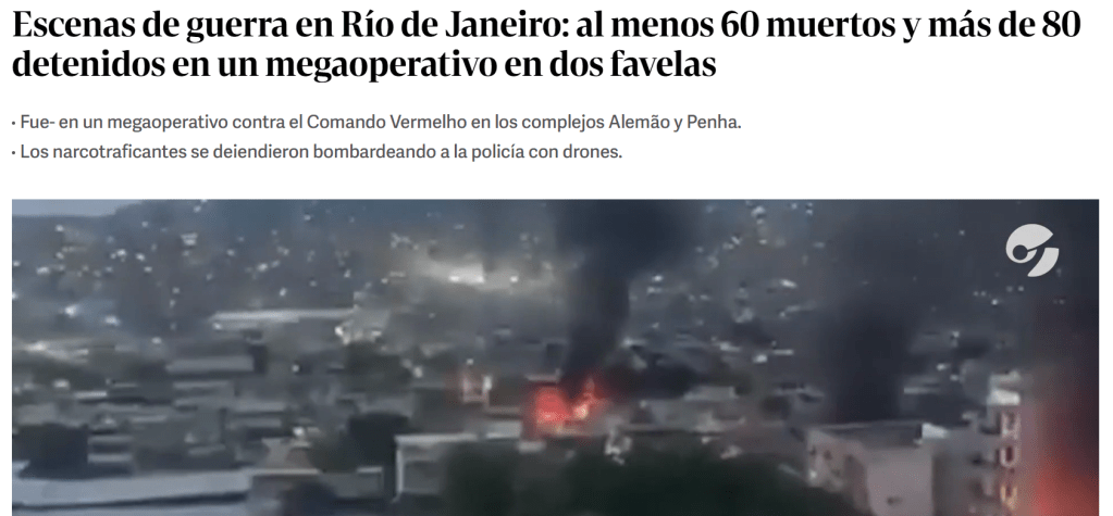 Matéria do Clarín sobre a megaoperação no Rio de Janeiro. 28/10/2025