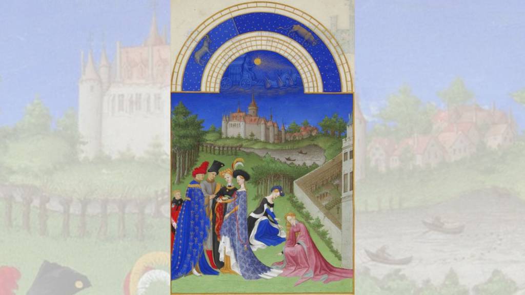 Mês de Abril, em Les Très Riches Heures du Duc de Berry (1413–1416), iluminura em pergaminho.