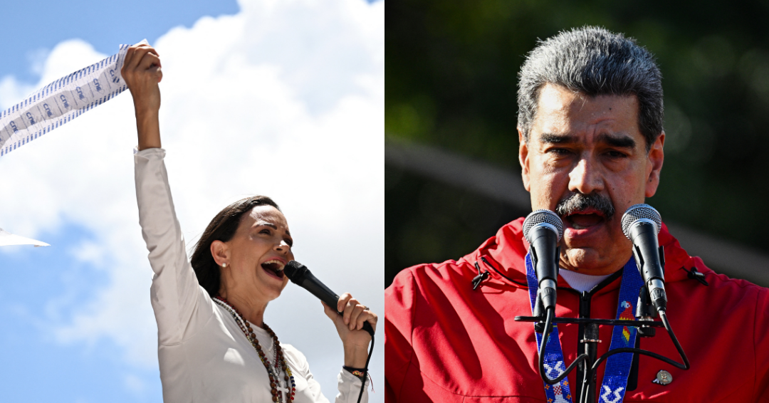 Líder da oposição da Venezuela, María Corina Machado (à esquerda); o presidente da Venezuela, Nicolás Maduro (à direita).