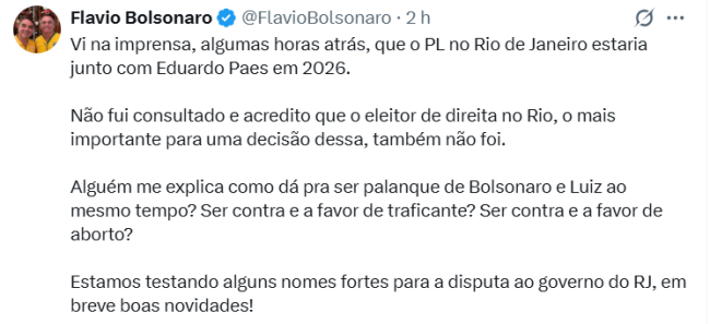 Flávio Bolsonaro no X.