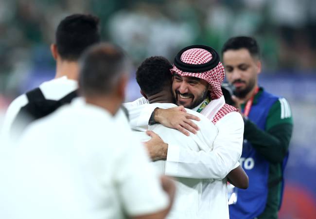 BURAYDAH, SAUDI ARABIA - OCTOBER 14: Prince Abdulaziz bin Turki Al-Faisal, Minister of Sport for Saudi Arabia, celebrates with players of Saudi Arabia after the FIFA World Cup 2026 qualifier match between Saudi Arabia and Iraq at King Abdullah Sport City Stadium on October 14, 2025 in Buraydah, Saudi Arabia. (Photo by Yasser Bakhsh/Getty Images)