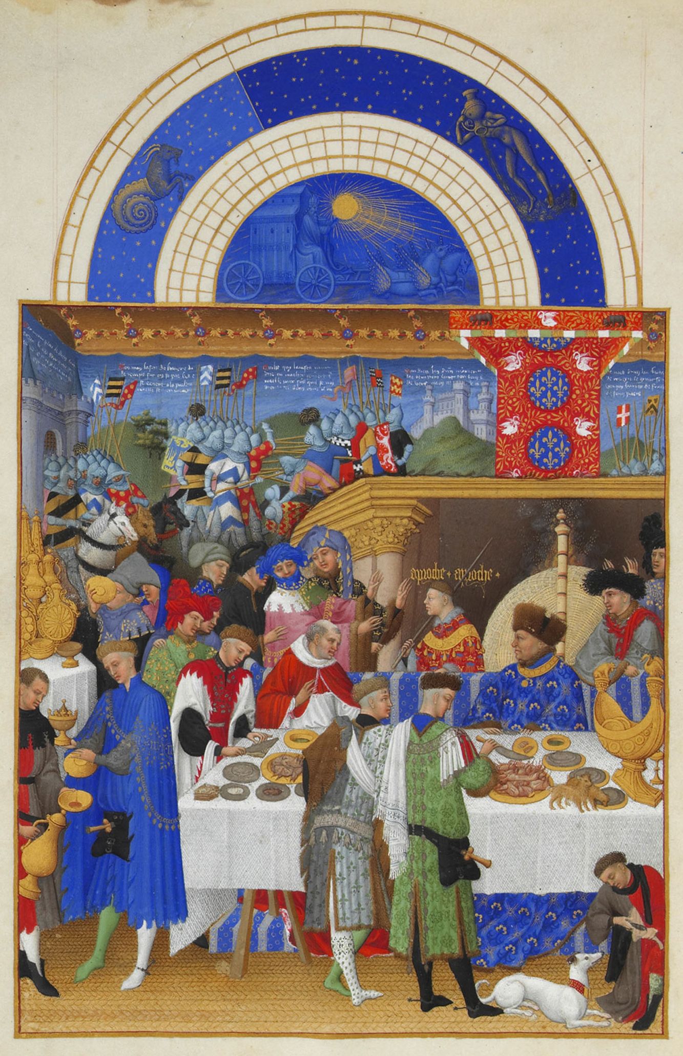 A figura de manto azul &eacute; um retrato do pr&oacute;prio Duque de Berry. M&ecirc;s de Janeiro, do manuscrito Les Tr&egrave;s Riches Heures du Duc de Berry (1413&ndash;1416), iluminura em pergaminho.