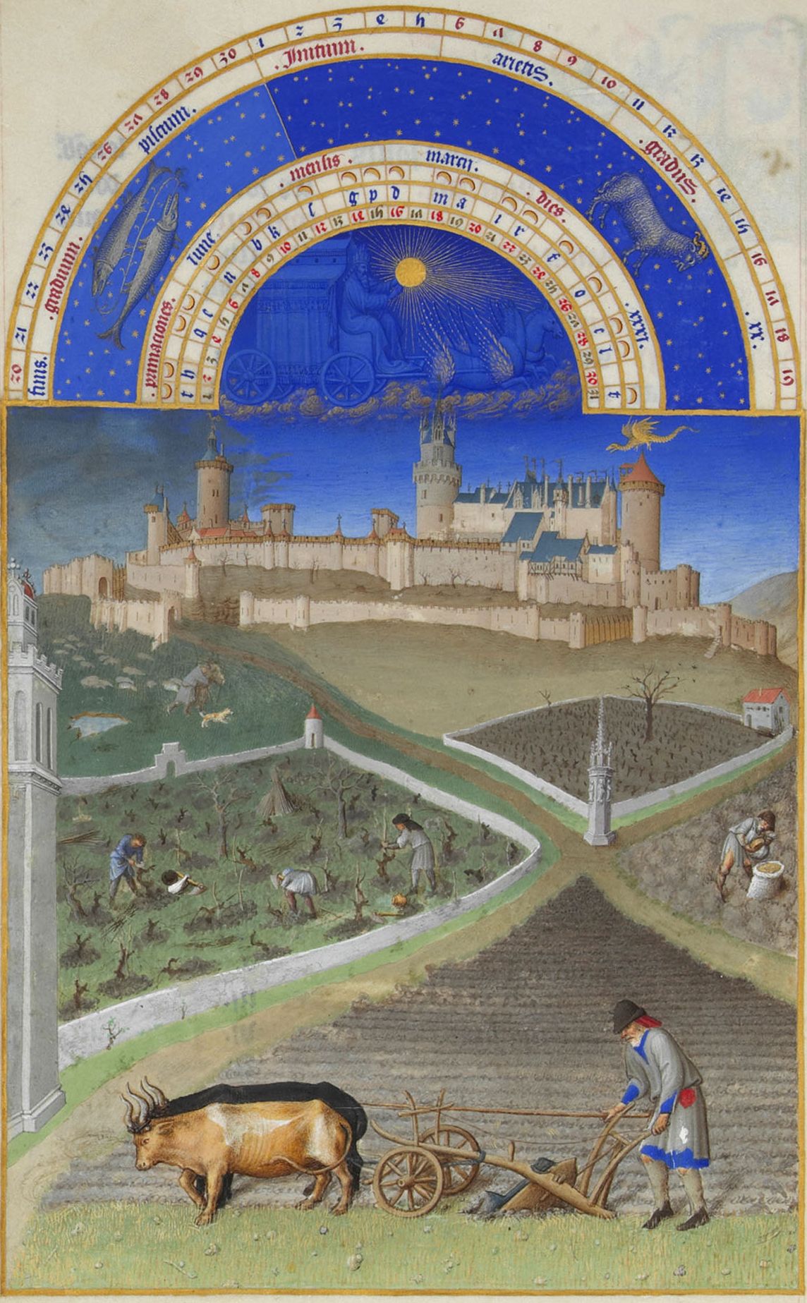 M&ecirc;s de Mar&ccedil;o, em Les Tr&egrave;s Riches Heures du Duc de Berry (1413&ndash;1416), iluminura em pergaminho