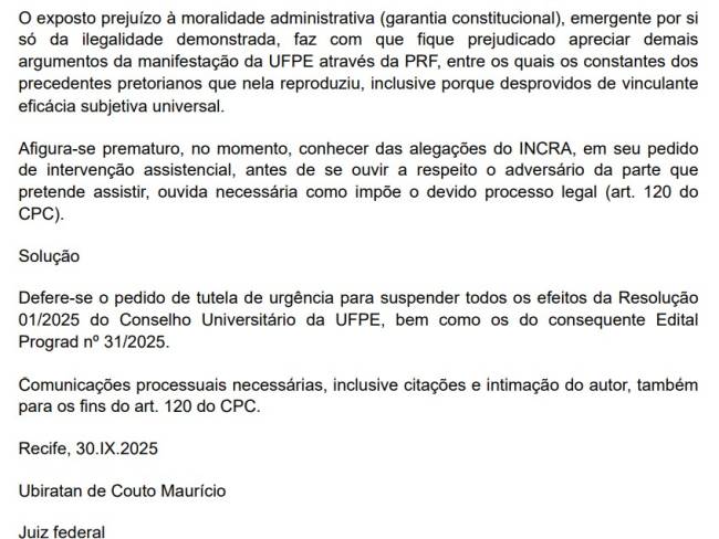 Trecho da liminar concedida pelo juiz Ubiratan de Couto Maurício