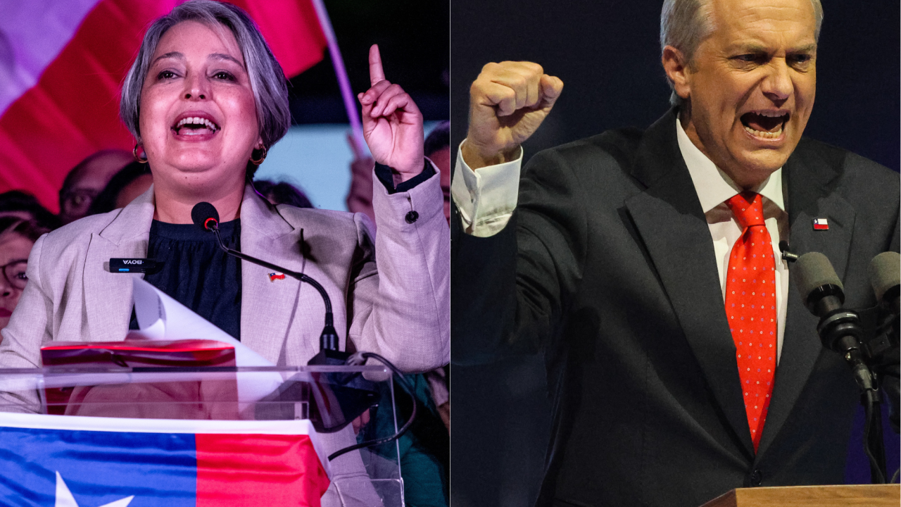 Eleições no Chile: Jeannette Jara (dir.) e José Antonio Kast (esq.)
