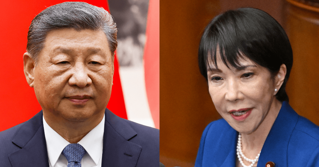 O presidente da China, Xi Jinping (à esquerda), e a primeira-ministra do Japão. Sanae Takaichi (à direita).