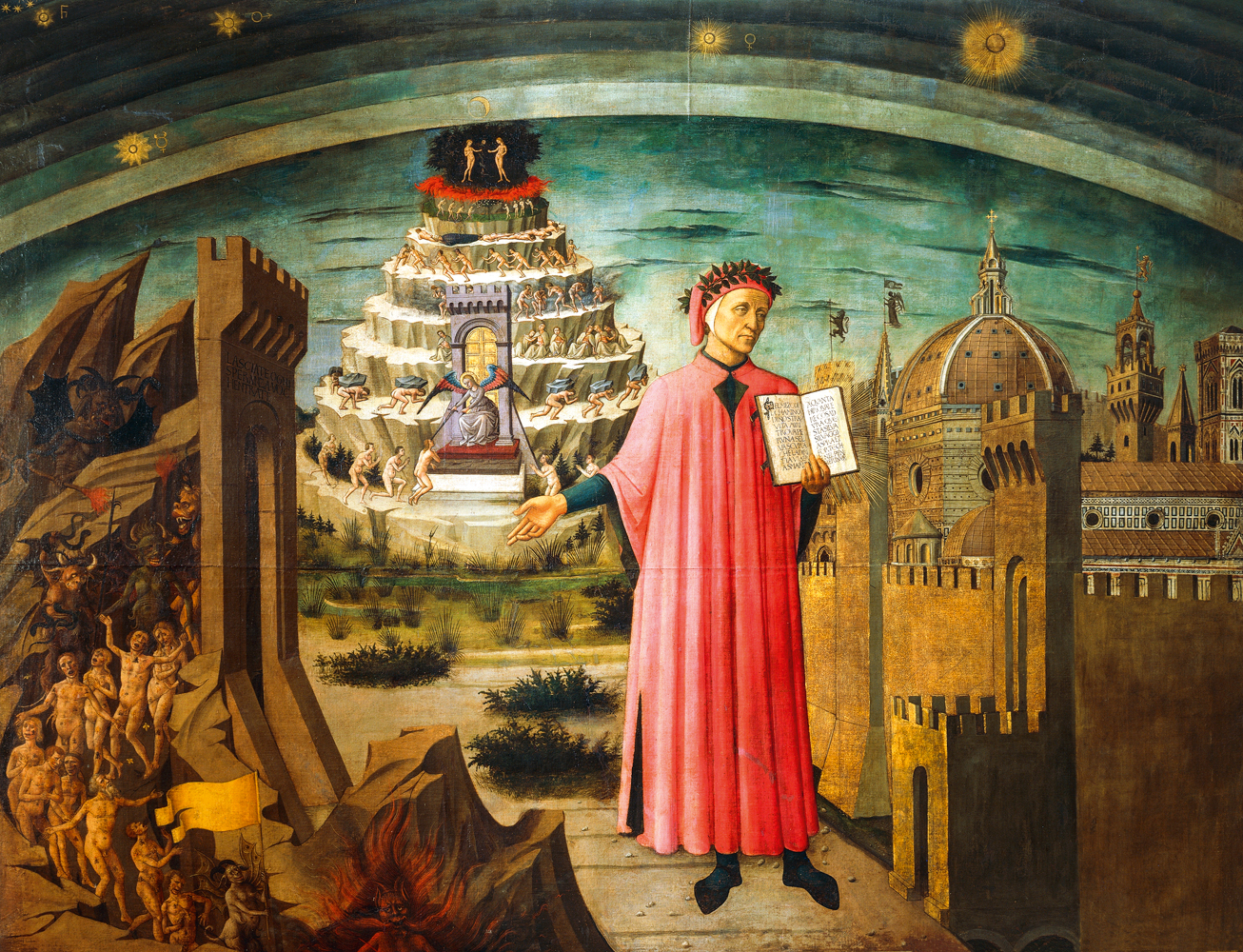 PIONEIRO -&ensp;Quadro de Di Michelino: o inferno, o purgat&oacute;rio e o c&eacute;u de Dante