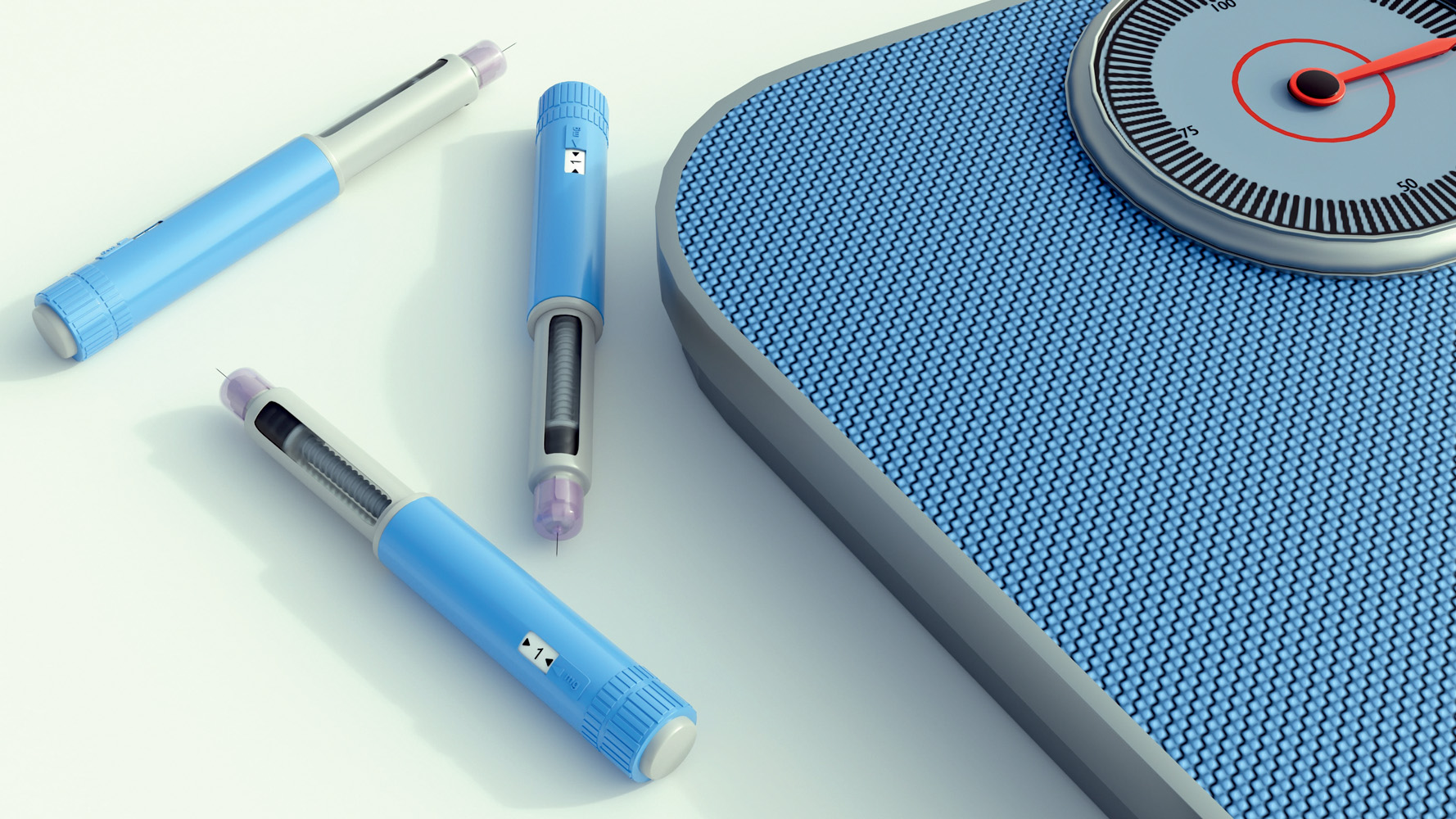 light blue medical injector pen and a bathroom scale