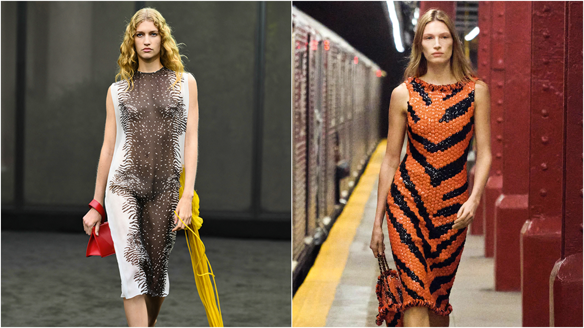 DISCRI&Ccedil;&Atilde;O&ensp;- A padronagem da Ferragamo (&agrave; esq.), dilu&iacute;da em tecidos nobres, e a proposta da Chanel (&agrave; dir.): na nova linguagem, miar &eacute; melhor que rugir