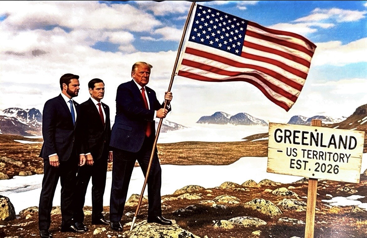 Imagem feita com Intelig&ecirc;ncia Artificial compartilhada por Trump: bandeira dos EUA na Groenl&acirc;ndia.