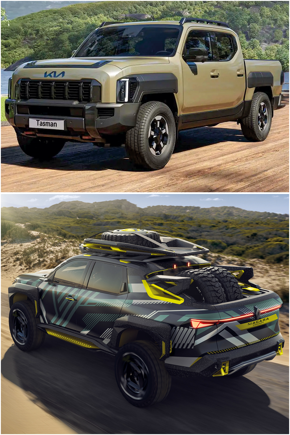 OUTRO VISUAL - Kia Tasman (acima) e Renault Niagara: com design moderno, modelos apresentados nos sal&otilde;es est&atilde;o programados para o segundo semestre deste ano no pa&iacute;s