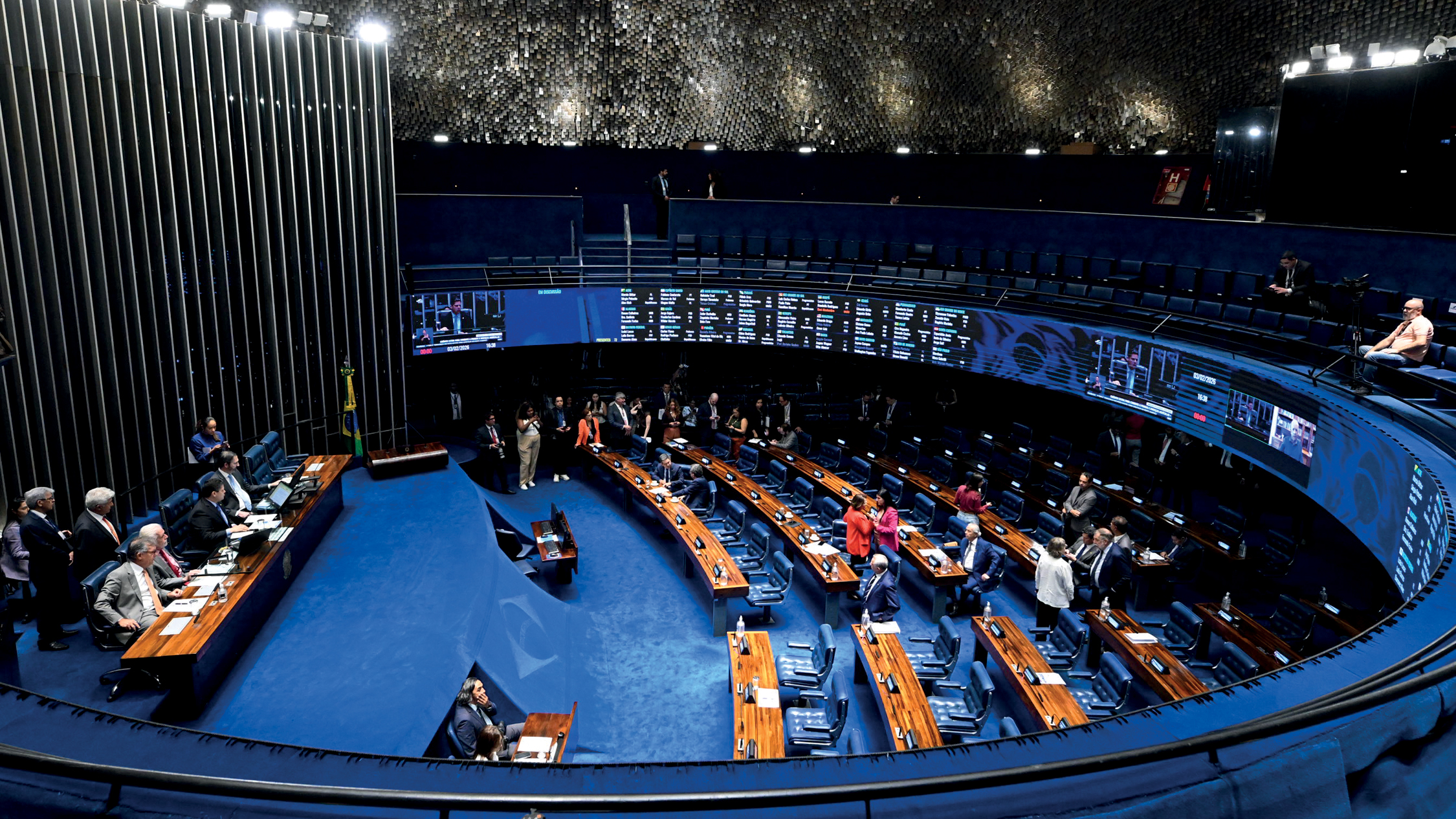 Plen&aacute;rio do Senado Federal durante sess&atilde;o deliberativa ordin&aacute;ria. Ordem do dia. Na pauta, delibera&ccedil;&atilde;o das Medidas Provis&oacute;rias n&ordm;s 1.312 e 1.313, de 2025. Mesa: senador La&eacute;rcio Oliveira (PP-SE); l&iacute;der do governo no Senado Federal, senador Jaques Wagner (PT-BA); presidente do Senado Federal, senador Davi Alcolumbre (Uni&atilde;o-AP); secret&aacute;rio-geral da Mesa do Senado Federal, Danilo Augusto Barboza de Aguiar. Foto: Carlos Moura/Ag&ecirc;ncia Senado