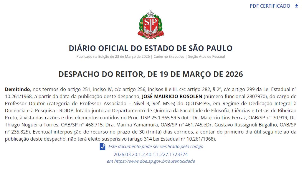 Exonera&ccedil;&atilde;o foi publicada no Di&aacute;rio de Justi&ccedil;a da &uacute;ltima segunda, 23