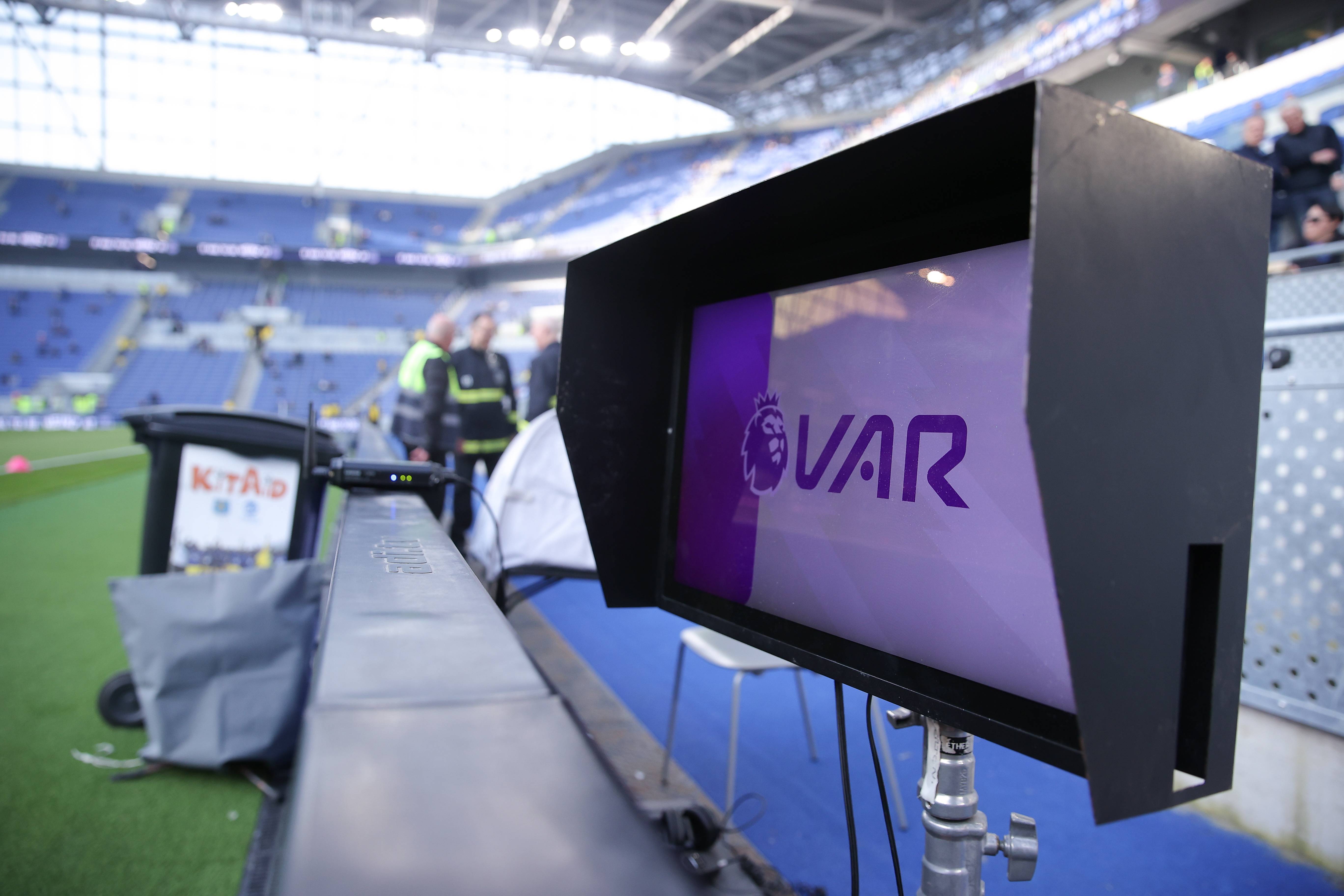 LIVERPOOL, ENGLAND - MARCH 21: A Premier League VAR monitor is seen during the Premier League match between Everton and Chelsea at Goodison Park on March 21, 2026 in Liverpool, England. (Photo by James Gill - Danehouse/Getty Images)