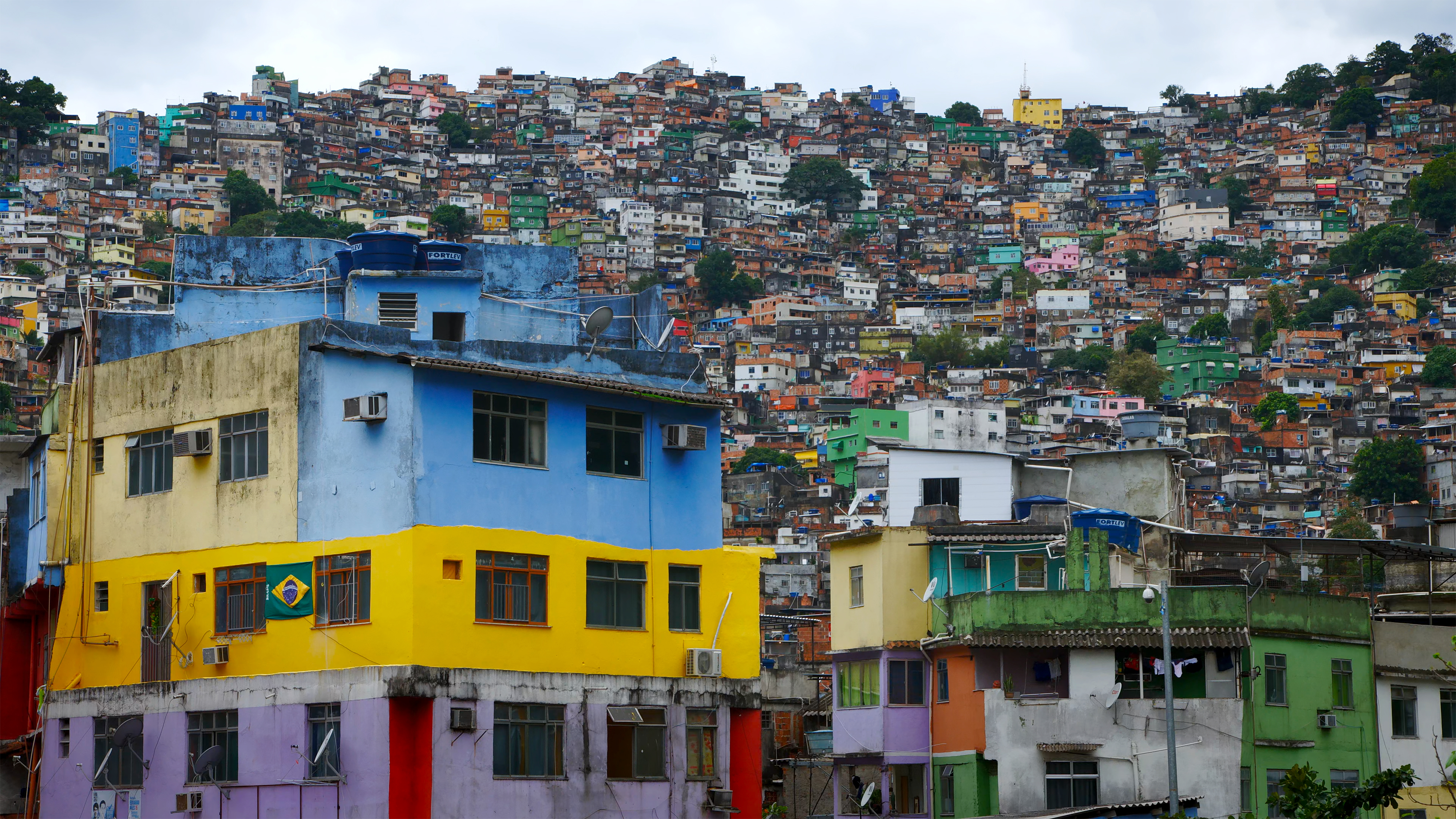 Aerial view of Rio’s Rocinha favela, on a sunny afternoon.