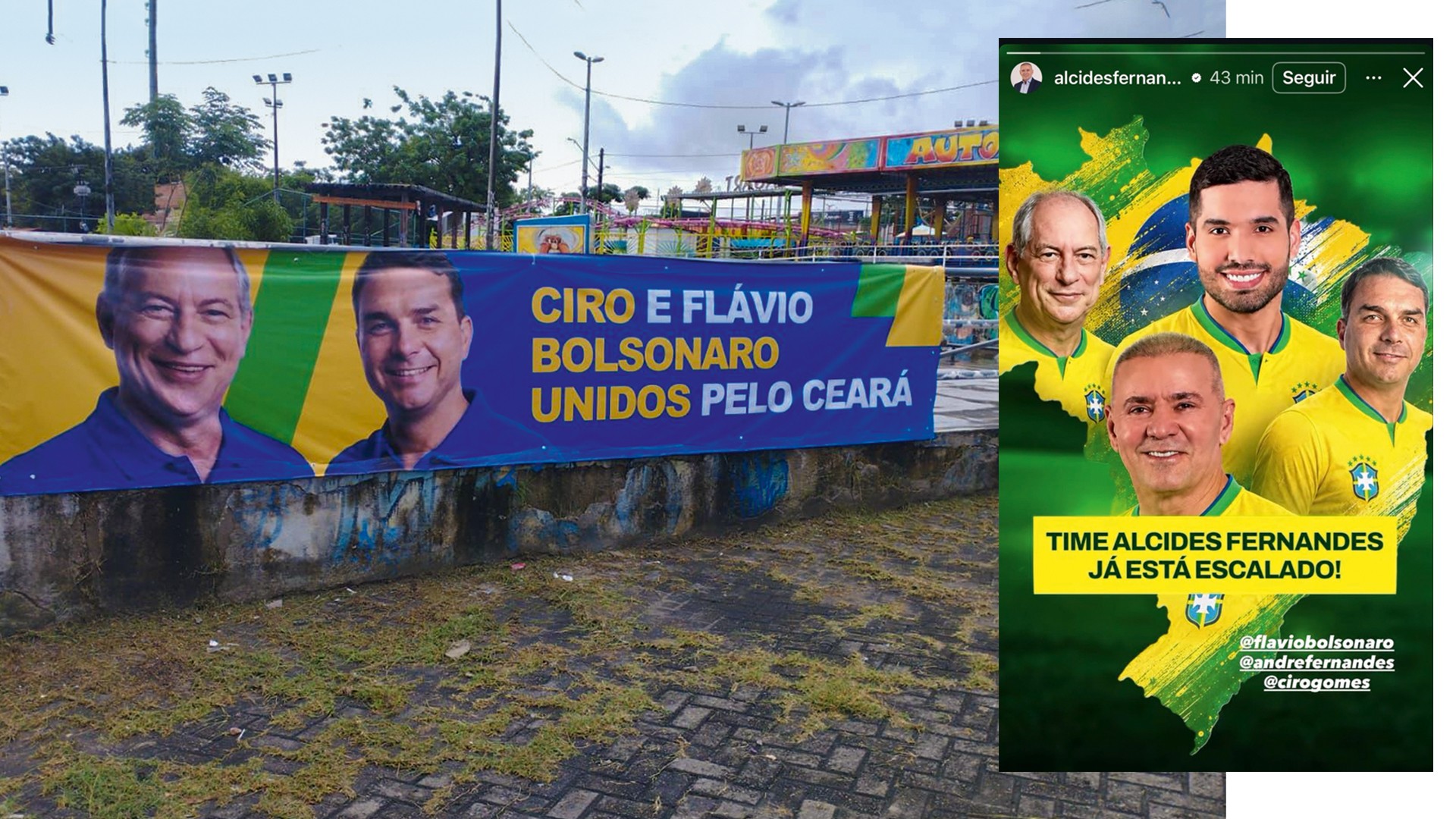 MATERIAIS -&ensp;Faixa em Fortaleza e postagem de pr&eacute;-candidato do PL ao Senado: propaganda advers&aacute;ria vai explorar elo de rival com Bolsonaro