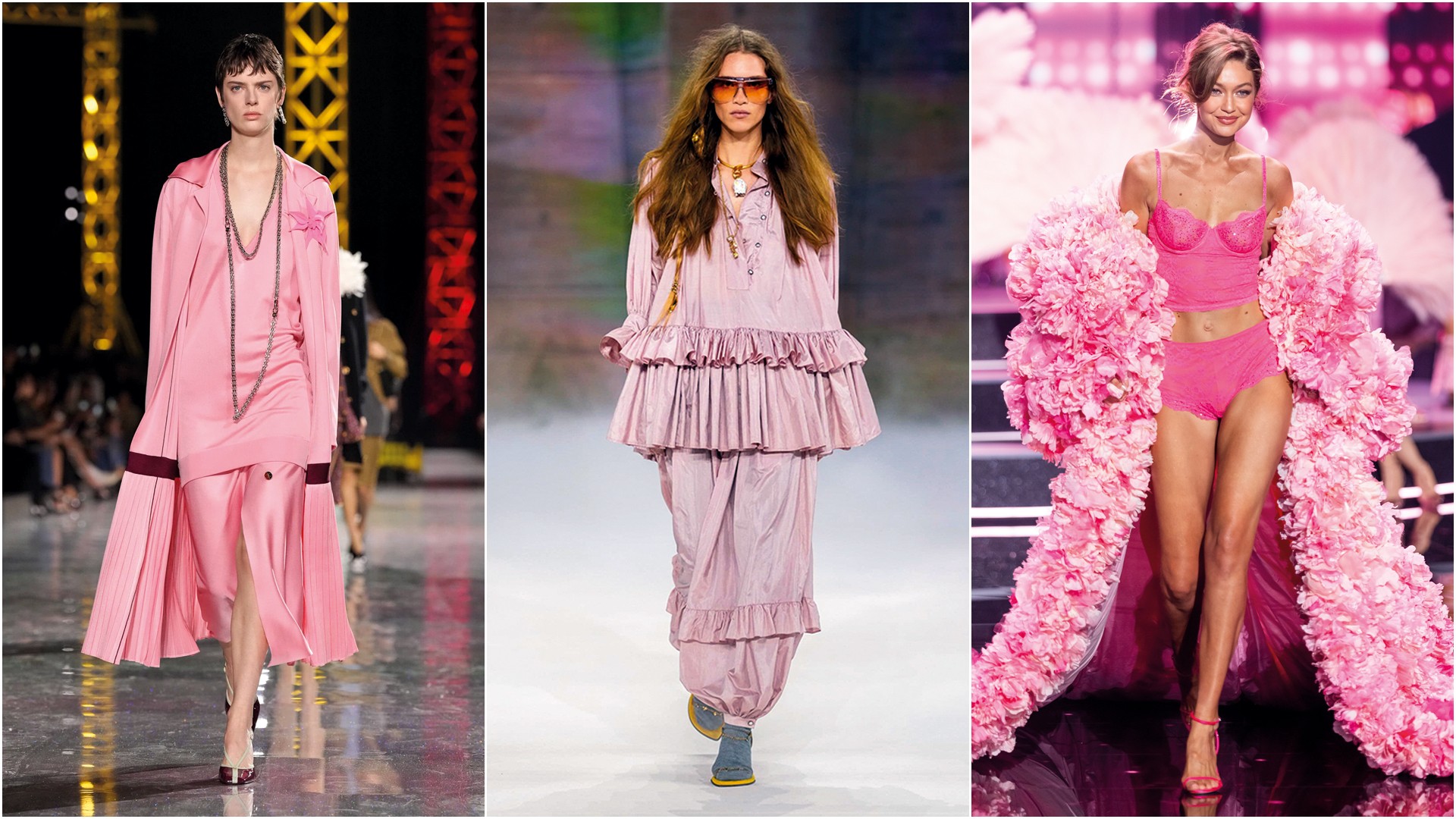 A VIDA &Eacute; PINK&ensp;- Os novos tons nas passarelas da Chanel (&agrave; esq.) e Chlo&eacute;, e o festival da Victoria&rsquo;s Secret com Gigi Hadid (&agrave; dir.): aristocr&aacute;tico, infantil, er&oacute;tico ou feminista, foram mil encarna&ccedil;&otilde;es est&eacute;ticas ao longo das &uacute;ltimas d&eacute;cadas