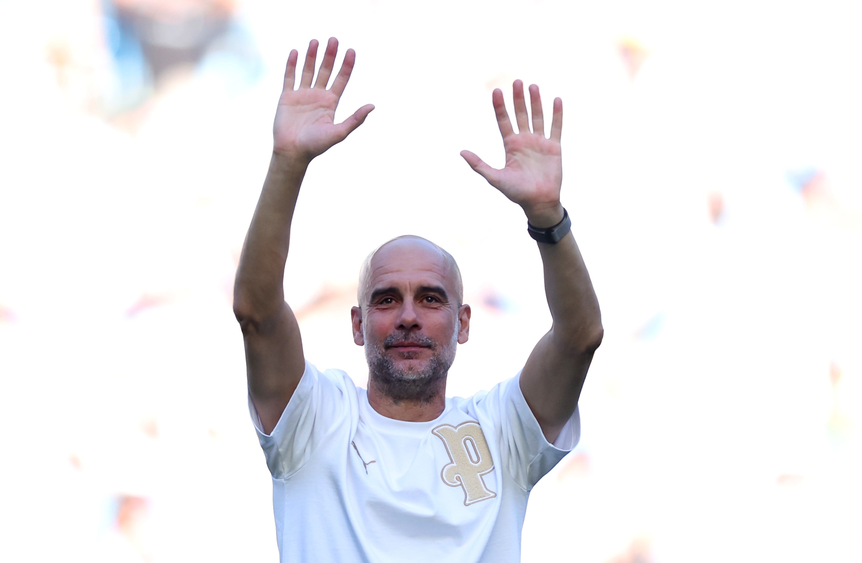 MANCHESTER, ENGLAND - MAY 24: Pep Guardiola, Manager of Manchester City, acknowledges the fans following the Premier League match between Manchester City and Aston Villa at the Etihad Stadium on May 24, 2026 in Manchester, England. (Photo by Carl Recine/Getty Images)
