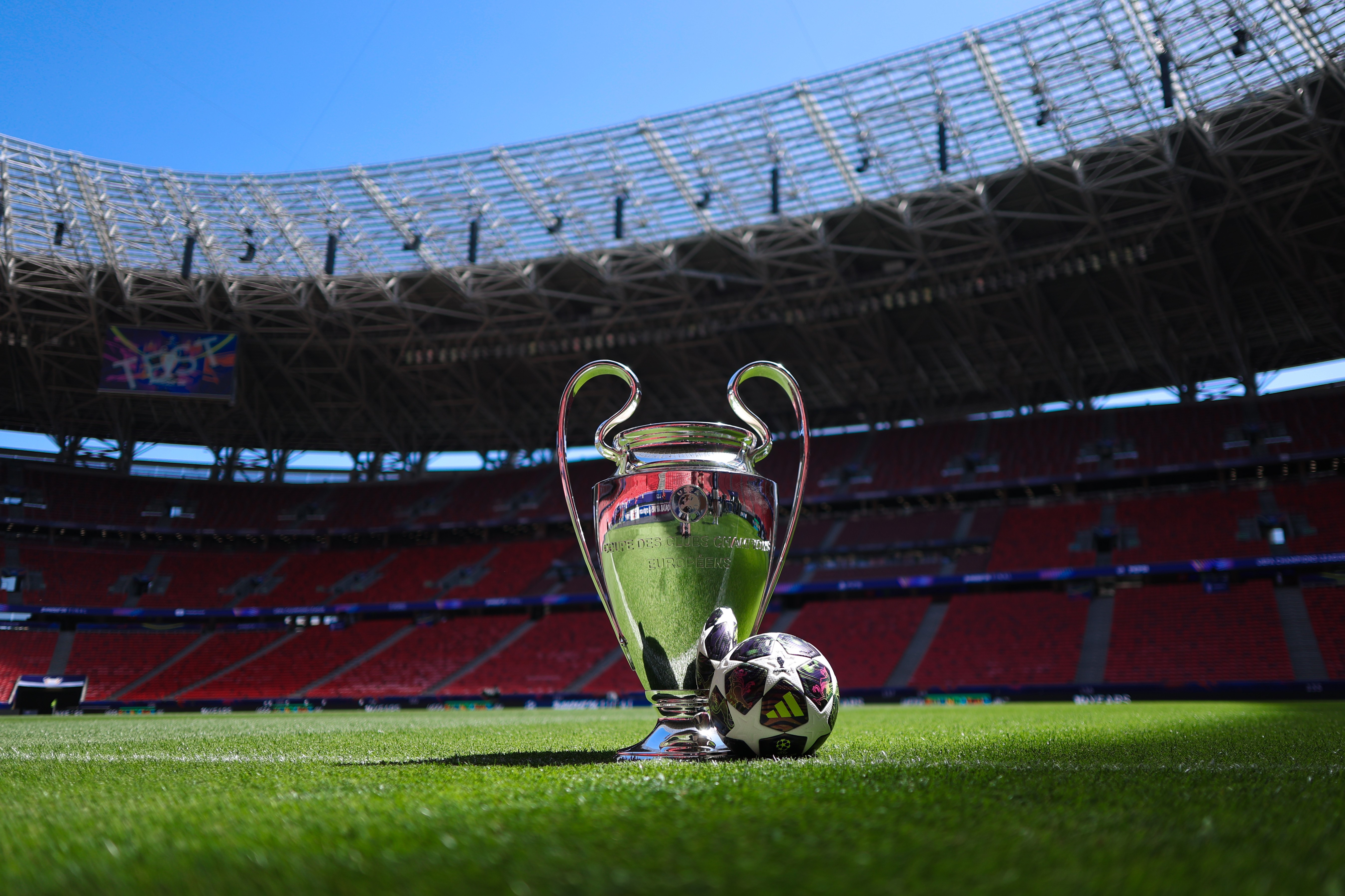 BUDAPEST, HUNGARY - MAY 27: A view of the UEFA Champions League trophy with the official match ball ahead of the UEFA Champions League Final 2026 between Paris Saint-Germain and Arsenal at the Puskas Arena on May 27, 2026 in Budapest, Hungary. (Photo by Michael Regan - UEFA/UEFA via Getty Images)