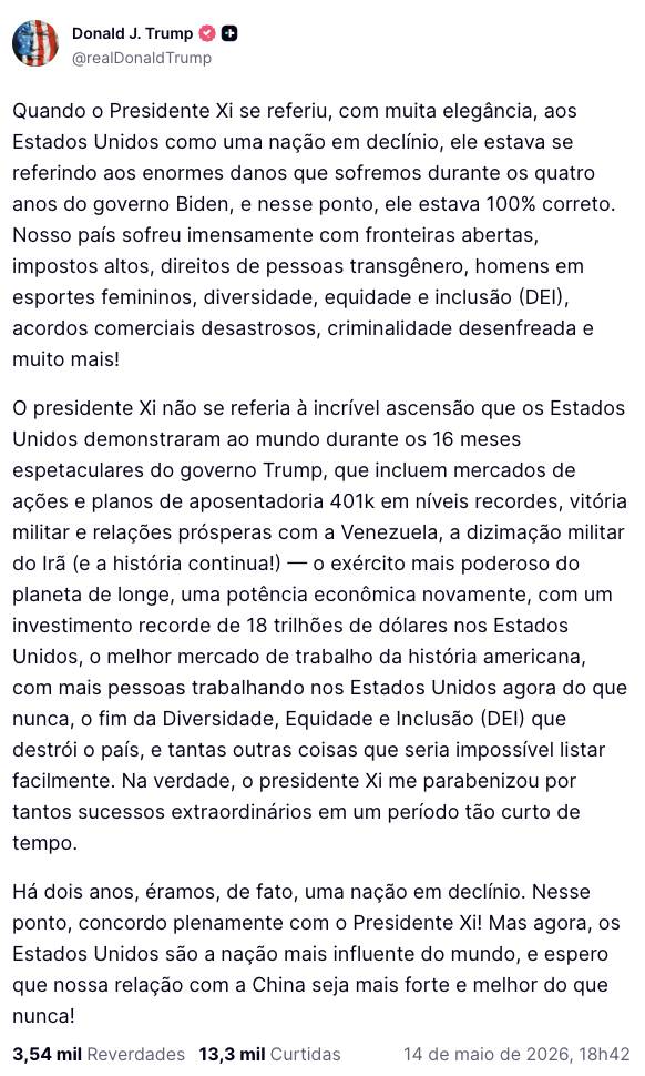 Post de Donald Trump na rede social Truth Social