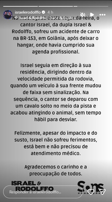 Comunicado da equipe de Israel e Rodolffo