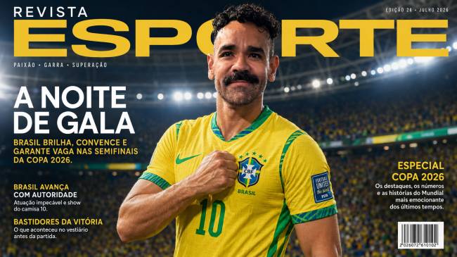 Capa da Revista Esporte com um jogador brasileiro de bigode e cavanhaque, vestindo a camisa amarela da sele&ccedil;&atilde;o com o n&uacute;mero 10, punho cerrado no peito, em um est&aacute;dio de futebol lotado e iluminado. O t&iacute;tulo principal &eacute; A Noite de Gala.