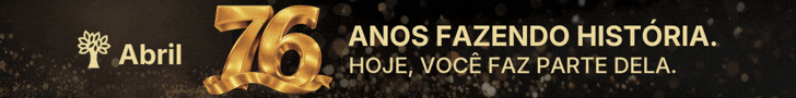 PAYWALL-DESK-728-x-90-px- Banner com fundo escuro e pontos de luz dourados. À esquerda, um ícone de árvore estilizada e a palavra Abril em dourado. Ao centro, o número 76 em dourado, com efeito tridimensional. À direita, o texto ANOS FAZENDO HISTÓRIA. HOJE, VOCÊ FAZ PARTE DELA. em dourado