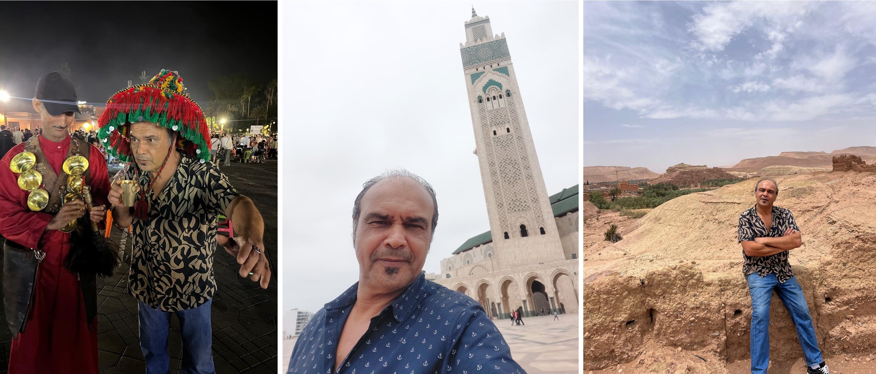 Tr&ecirc;s fotos: um homem com chap&eacute;u colorido e outro com vestes vermelhas em festa noturna; um homem sorrindo em selfie com mesquita ao fundo; o mesmo homem sentado em rocha &aacute;rida com montanhas distantes
