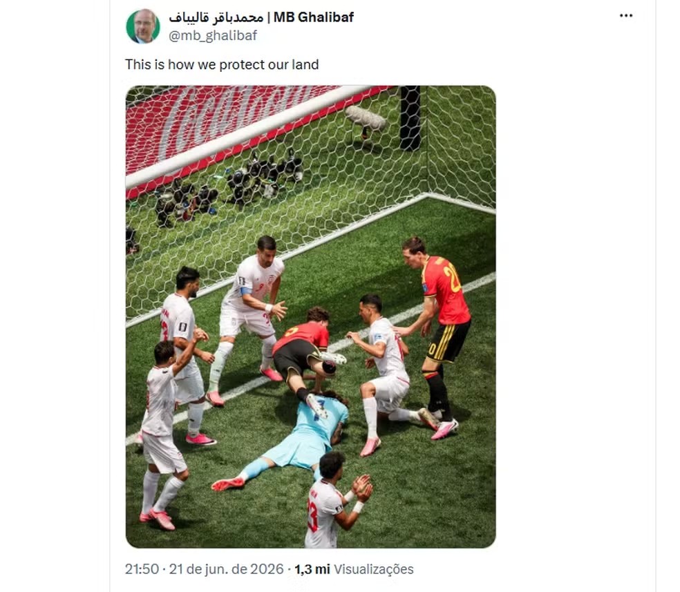 Presidente do Parlamento do Ir&atilde;, Mohammad Ghalibaf, repercute nas redes sociais defesa de Alireza Beiranvand contra a B&eacute;lgica na Copa do Mundo em 21 de junho de 2026