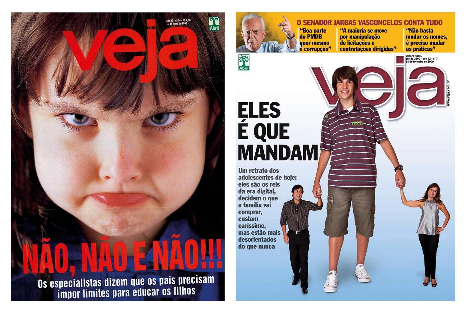 RESPONSABILIDADE&ensp;- Algumas das capas de VEJA em torno da rela&ccedil;&atilde;o entre pais e filhos: mudan&ccedil;a de humores