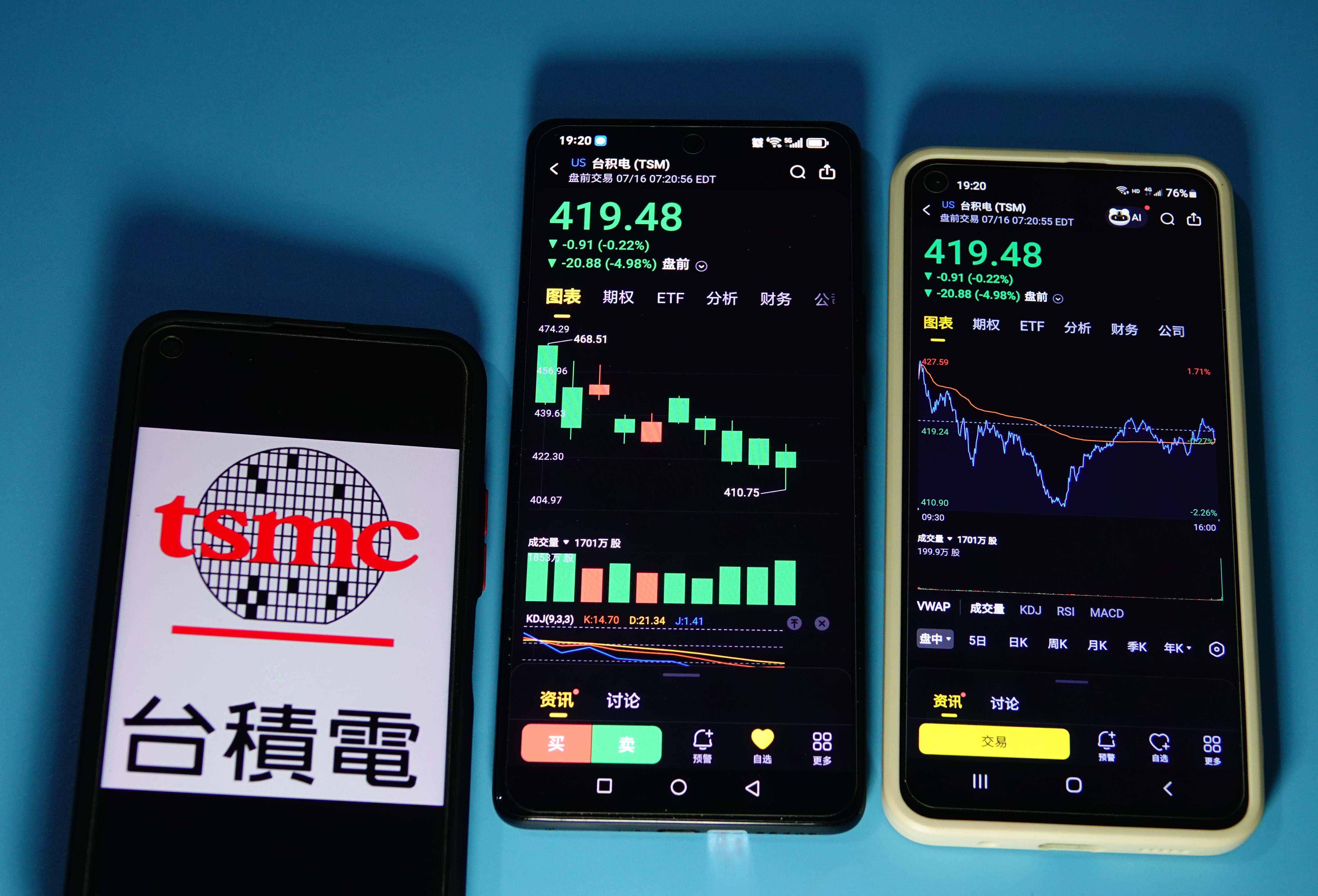 Três smartphones em uma superfície azul, o da esquerda exibe o logo da TSMC em vermelho e preto, os outros dois mostram gráficos de ações com números em verde e vermelho, indicando flutuações do mercado financeiro