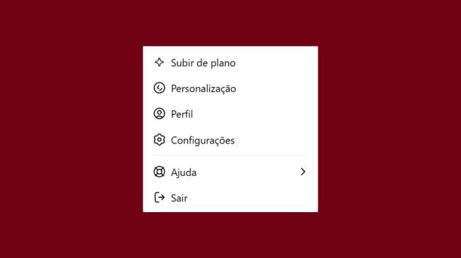 Passo a passo ChatGPT 1 Menu suspenso branco com opções de navegação: Subir de plano, Personalização, Perfil, Configurações, Ajuda e Sair, sobre fundo vermelho escuro
