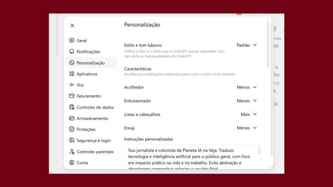 Passo a passo ChatGPT 2 Captura de tela da interface de personalização do ChatGPT, com opções de estilo, tom, características como Acolhedor e Entusiasmado, e um campo de texto para Instruções personalizadas preenchido com uma descrição profissional