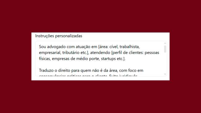 Caixa de texto branca com t&iacute;tulo Instru&ccedil;&otilde;es personalizadas e texto sobre um advogado que atua em diversas &aacute;reas e atende diferentes perfis de clientes, traduzindo o direito de forma pr&aacute;tica