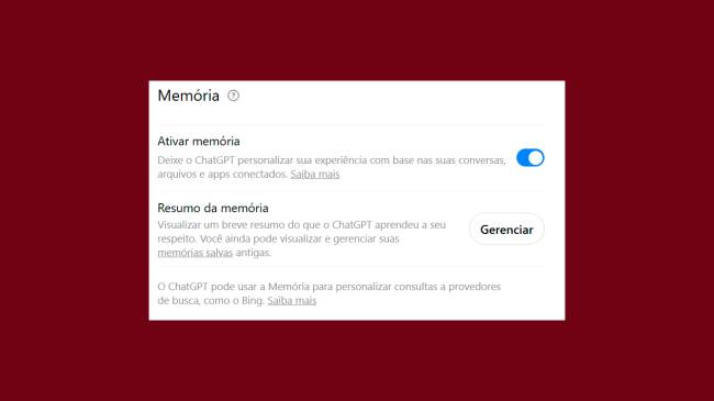 Configura&ccedil;&otilde;es de Mem&oacute;ria do ChatGPT, com a op&ccedil;&atilde;o Ativar mem&oacute;ria ligada por um bot&atilde;o azul e a op&ccedil;&atilde;o Resumo da mem&oacute;ria com um bot&atilde;o Gerenciar