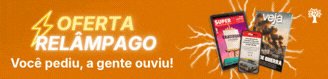 Banner laranja com texto OFERTA RELÂMPAGO em amarelo neon, acompanhado de um raio. Abaixo, Você pediu, a gente ouviu!. À direita, capas de revistas: SUPER com um copo de milk-shake, VEJA com paisagem e MUNDO ESTRANHO com carros. Um ícone de árvore estilizada no canto superior direito