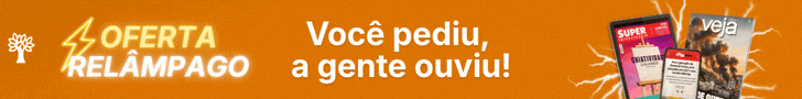 Banner laranja com texto OFERTA RELÂMPAGO em amarelo e branco, ao lado de Você pediu, a gente ouviu! em branco. À direita, capas de revistas e um celular com tela ligada, e um ícone de árvore à esquerda.