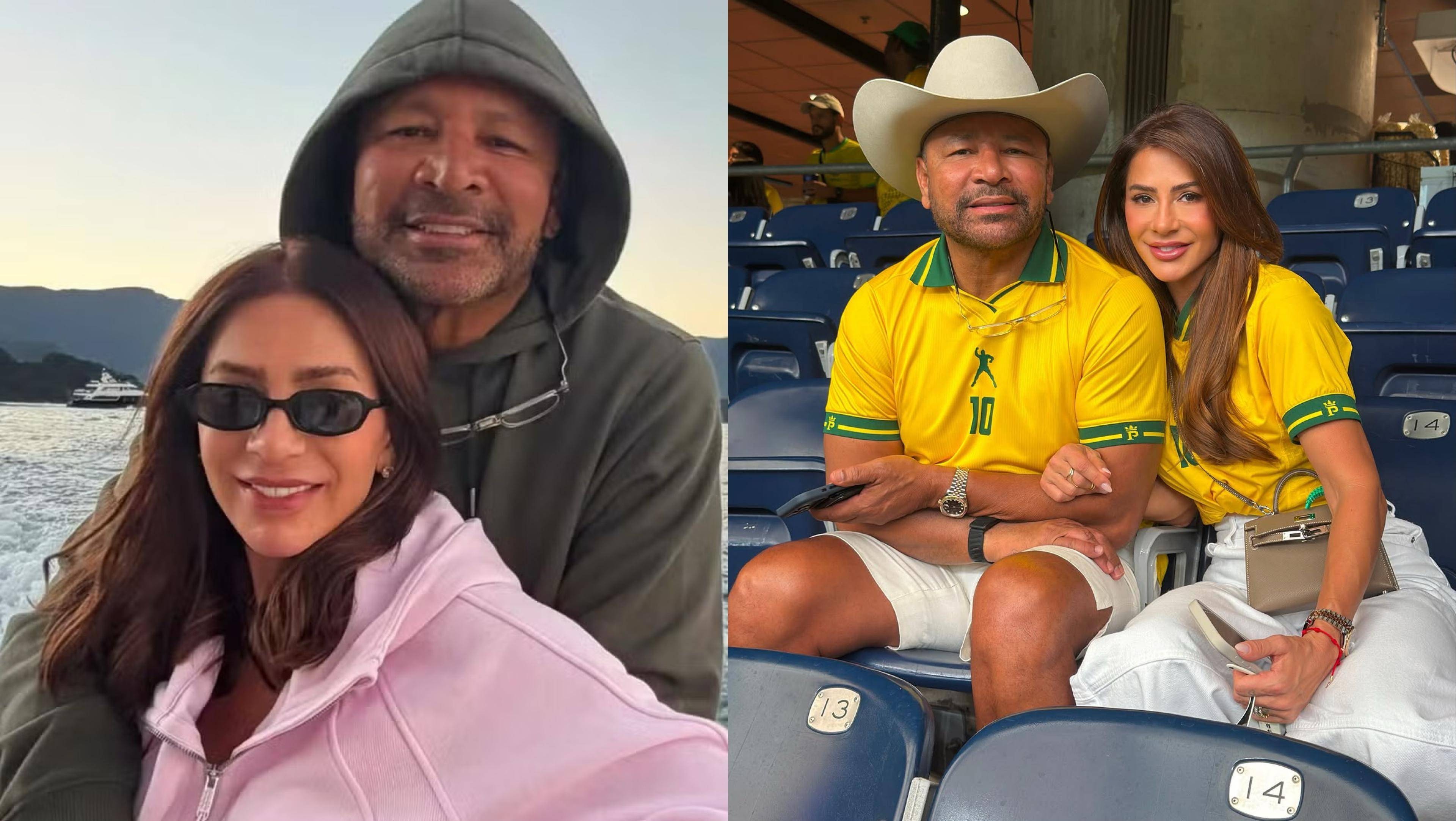 Duas fotos lado a lado. À esquerda, um casal sorridente em um barco, com montanhas e outro barco ao fundo. O homem usa um moletom cinza com capuz, e a mulher, um casaco rosa e óculos escuros. À direita, o mesmo casal em uma arquibancada. O homem usa chapéu de cowboy e camisa amarela da seleção, a mulher veste camisa amarela e calça branca, segurando uma bolsa