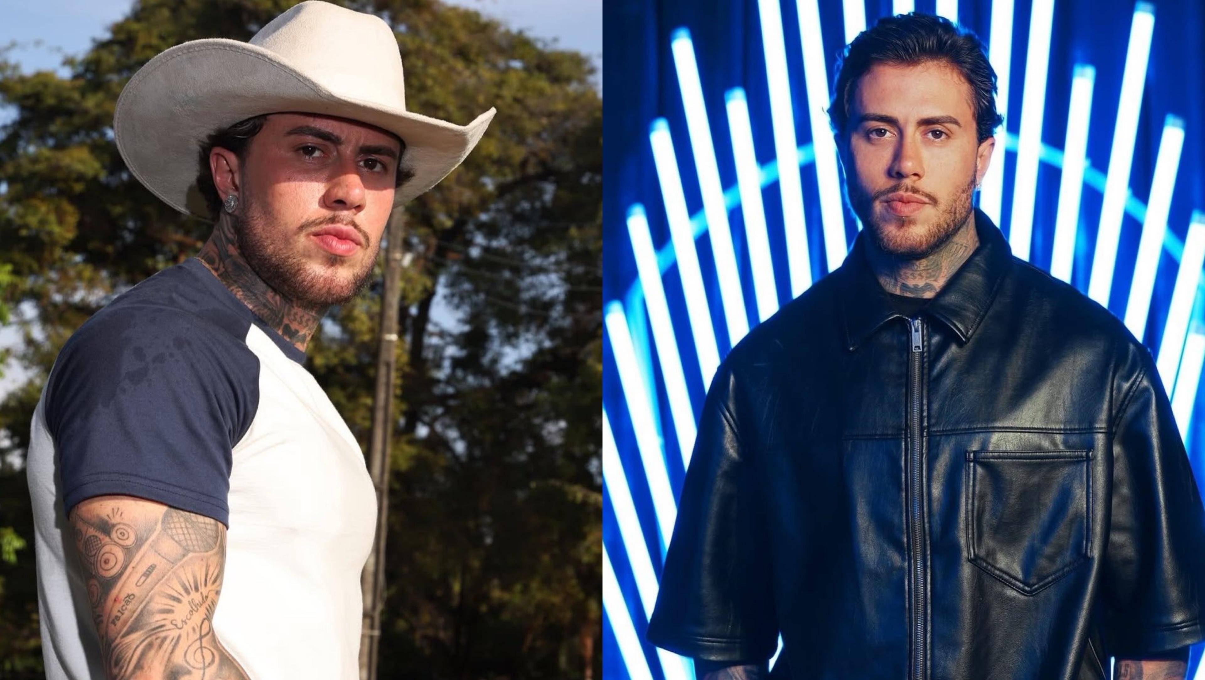 Montagem com duas fotos de um homem branco tatuado, com barba e cabelo escuro. À esquerda, ele usa chapéu de cowboy branco e camiseta raglan azul e branca, olhando para a câmera em ambiente externo com árvores. À direita, ele veste jaqueta preta de couro com zíper, em fundo com luzes de neon azuis verticais
