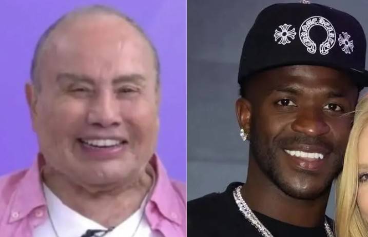 Montagem com dois homens: à esquerda, um homem calvo de pele clara sorri, vestindo camisa rosa sobre camisa branca, em fundo roxo. À direita, um homem negro sorri, usando boné preto com detalhes brancos, brinco e colar brilhantes, ao lado de uma mulher loira parcialmente visível
