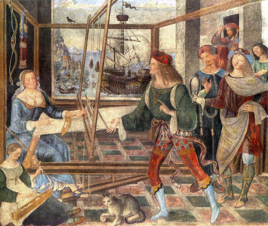 Pintura renascentista de uma mulher tecendo em um tear, enquanto um homem com roupas coloridas aponta para ela. Ao fundo, um navio no mar e outras pessoas observam a cena. Um gato cinza est&aacute; no ch&atilde;o.