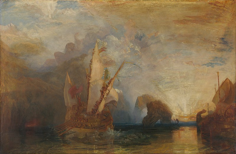 Pintura a &oacute;leo de um navio &agrave; vela antigo com mastros altos e velas brancas, navegando em &aacute;guas escuras sob um c&eacute;u tempestuoso. &Agrave; direita, outro navio parcialmente vis&iacute;vel e, ao fundo, forma&ccedil;&otilde;es rochosas escuras com um brilho alaranjado do sol poente ou nascente. O clima &eacute; dram&aacute;tico e nebuloso