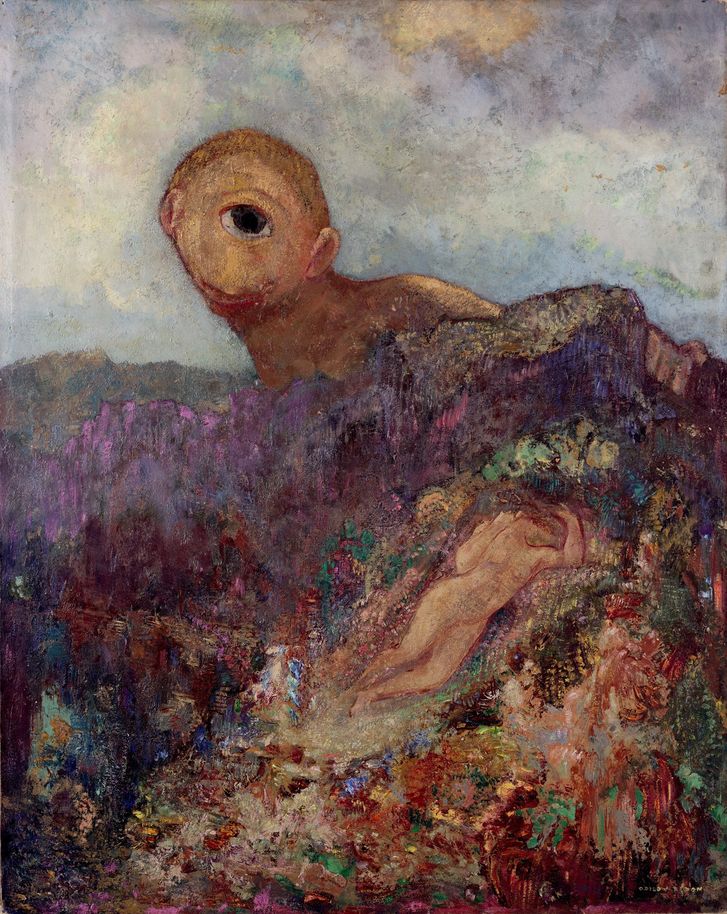 Pintura surrealista com um ser de pele marrom-clara, cabe&ccedil;a grande e um &uacute;nico olho central, emergindo de uma paisagem montanhosa de tons roxos e terrosos. No canto inferior direito, um corpo humano nu deitado, em meio a folhagens coloridas e texturizadas. O c&eacute;u &eacute; cinza-azulado com nuvens esparsas