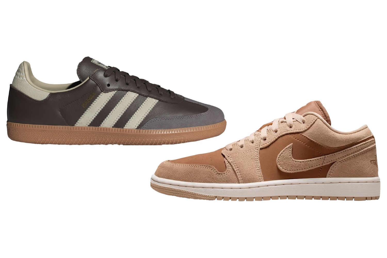 NOSTALGIA - Modelos Samba, da Adidas (&agrave; esq.), e Air Jordan 1 Low, da Nike: respostas com sabor vintage &agrave; nova mania