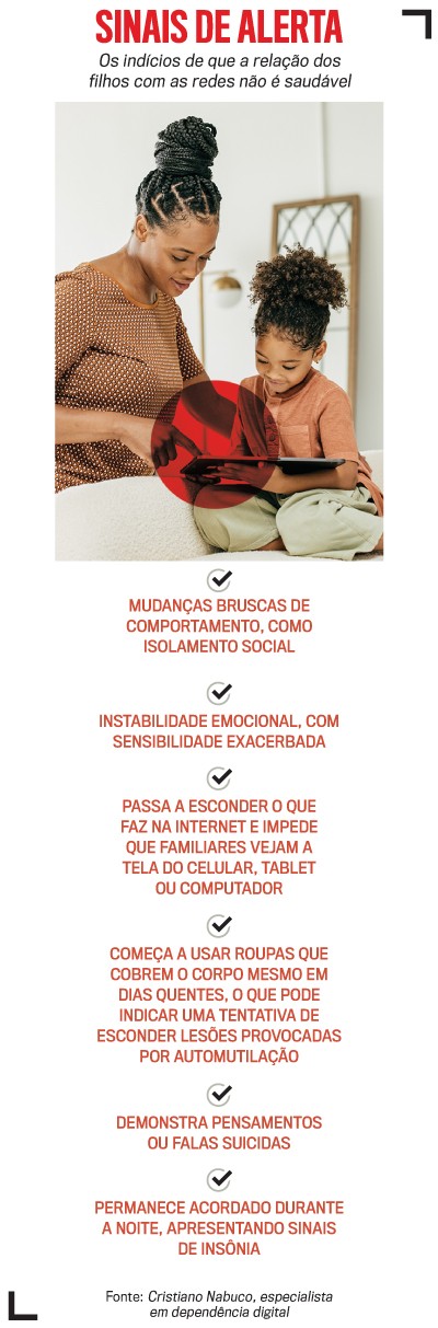 Mulher com cabelo tran&ccedil;ado em coque alto e blusa marrom, sorrindo, aponta para um tablet que uma crian&ccedil;a de cabelo crespo e blusa laranja segura, ambos sentados em um sof&aacute; claro. A imagem ilustra sinais de alerta sobre a rela&ccedil;&atilde;o de crian&ccedil;as com redes sociais, listando mudan&ccedil;as de comportamento, instabilidade emocional, esconder atividades online, usar roupas que cobrem o corpo para esconder les&otilde;es, pensamentos suicidas e ins&ocirc;nia