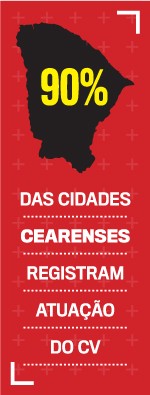 Infogr&aacute;fico vermelho com o mapa do Cear&aacute; em preto e o texto amarelo 90% sobre ele. Abaixo, em branco, DAS CIDADES CEARENSES REGISTRAM ATUA&Ccedil;&Atilde;O DO CV