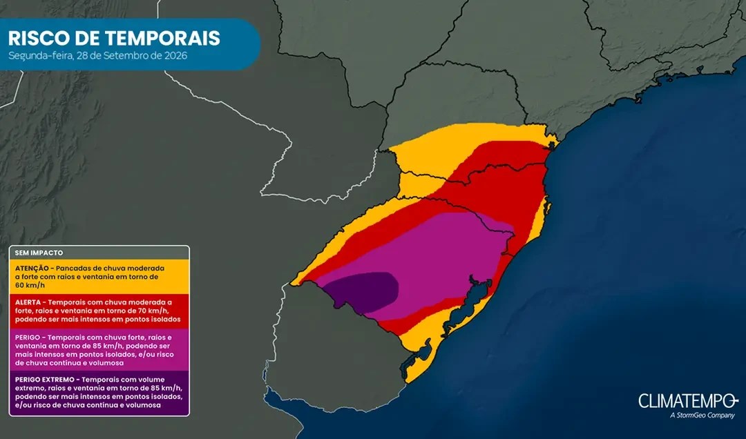 Ciclone extratropical e frente fria atingem região Sul a partir da terça, 29