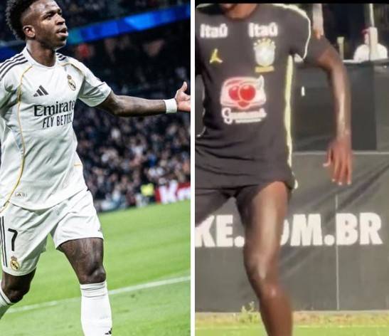 Vinicius Jr em duas fotos: &agrave; esquerda, ele veste uniforme branco do Real Madrid, bra&ccedil;o estendido, em campo de futebol; &agrave; direita, veste uniforme preto da sele&ccedil;&atilde;o brasileira, em movimento de dan&ccedil;a, com fundo escuro e letras brancas