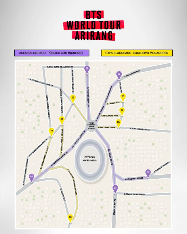 Mapa de acesso ao Est&aacute;dio Morumbis para o BTS World Tour Arirang, indicando rotas liberadas para p&uacute;blico com ingresso em roxo e bloqueadas para moradores em amarelo, com pontos numerados de 01 a 12