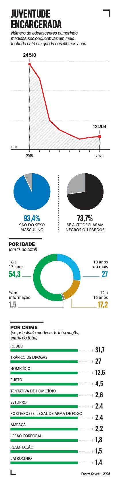Infogr&aacute;fico Juventude Encarcerada com gr&aacute;fico de linha mostrando queda de 24.510 em 2018 para 12.203 em 2025. Gr&aacute;ficos de pizza indicam 93,4% s&atilde;o homens e 73,7% se autodeclaram negros ou pardos. Gr&aacute;fico de anel mostra 54,3% t&ecirc;m 16-17 anos, 27% 18 ou mais, 17,2% 12-15 anos. Gr&aacute;fico de barras lista roubo (31,7%) e tr&aacute;fico de drogas (27%) como principais crimes